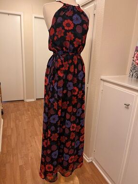 ModCloth Black Halter Maxi Dress with Red & Purple Floral Print - Size Small